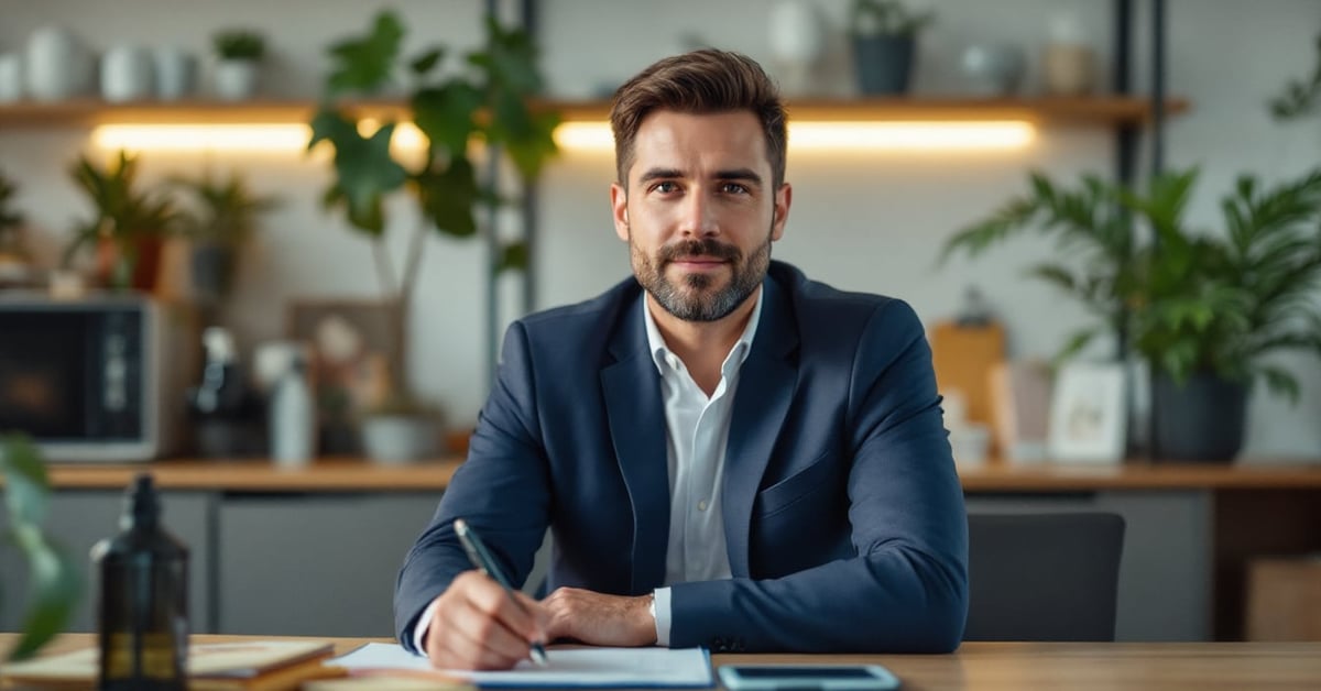 Gestion immobilière : professionnel analysant des documents et biens immobiliers dans un cadre moderne