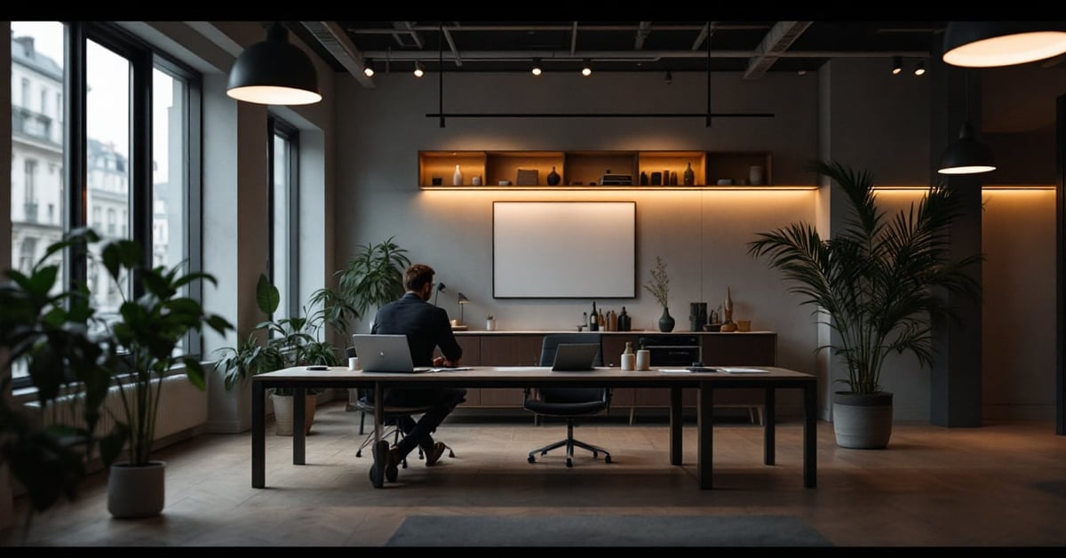 Gestionnaire immobilier à Paris analysant des documents de gestion immobilière dans un bureau moderne