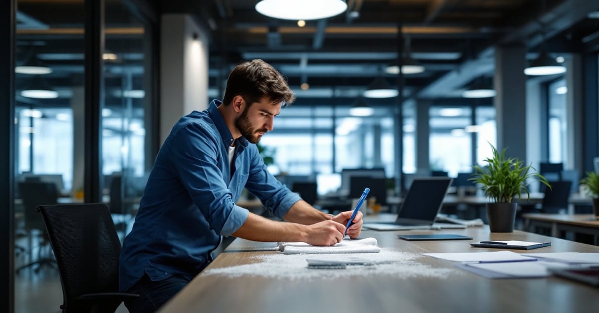 Employé d'une entreprise de nettoyage de bureaux en action dans un espace de travail moderne