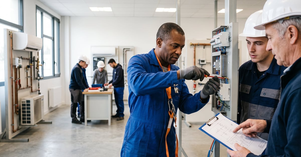 Agent de maintenance en bâtiment en formation pratique, outils en main dans un environnement de travail moderne