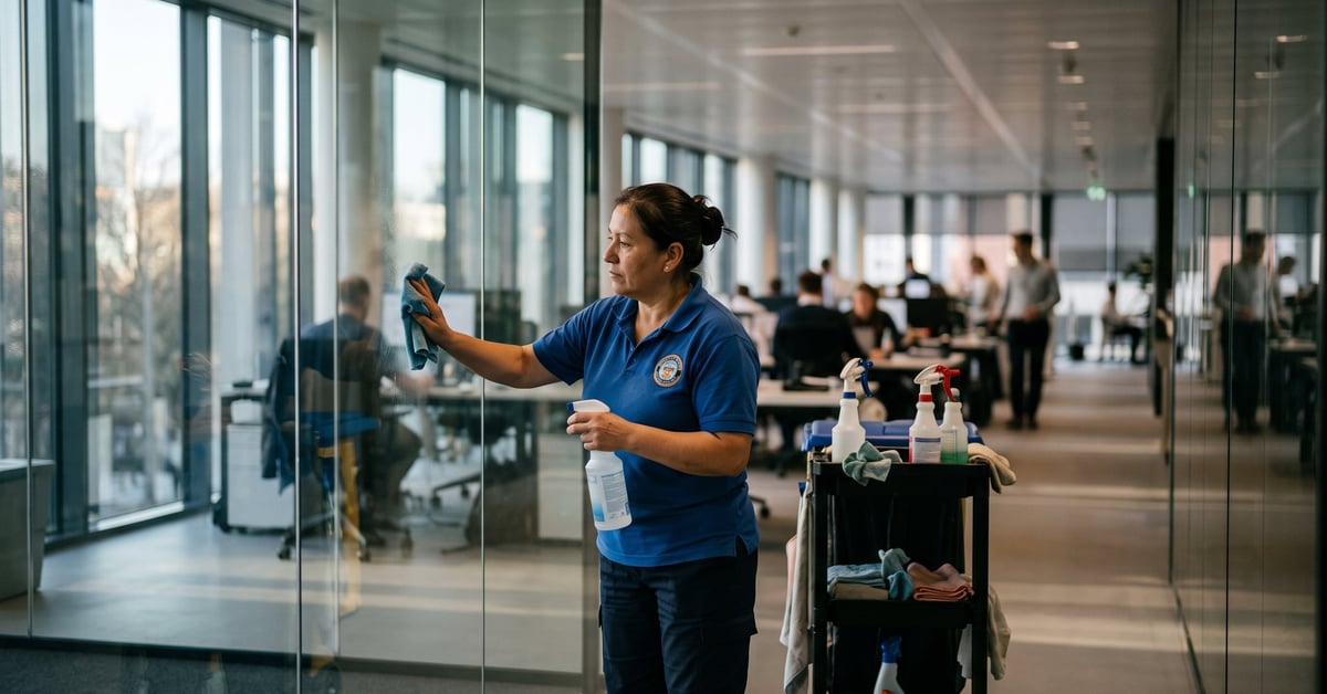 Agent d'entretien professionnel nettoyant des locaux modernes — emploi entretien des locaux