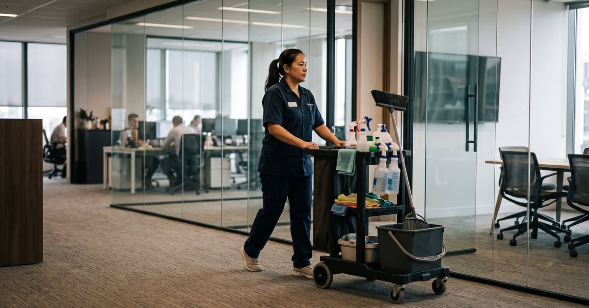 Employé en tenue de travail nettoyant un bureau moderne avec un équipement professionnel