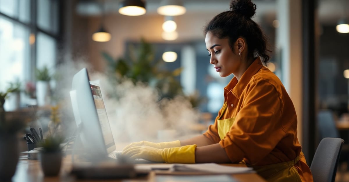 Nettoyage de bureaux le soir par une équipe nocturne dans un open space moderne et éclairé