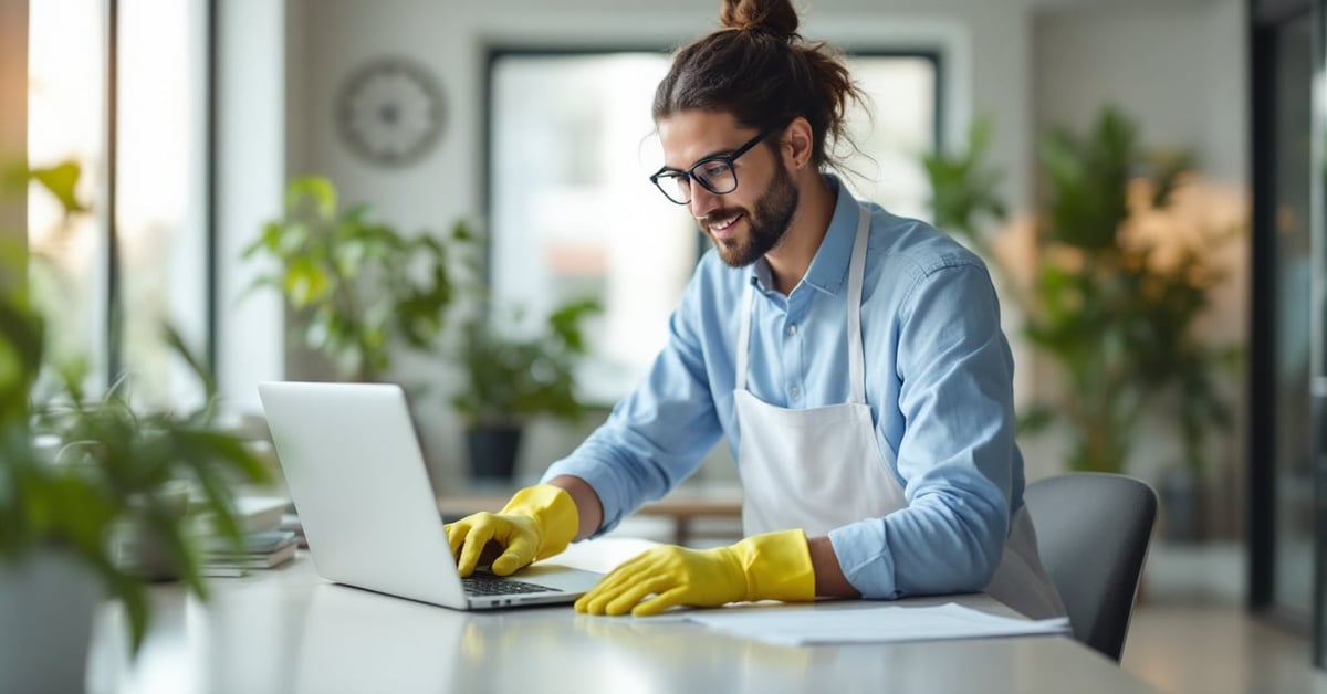 Agent de nettoyage professionnel en train de nettoyer un bureau moderne — nettoyage de bureaux offre d emploi
